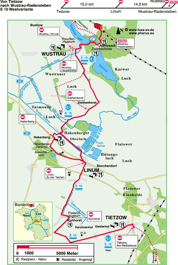 Europäischer Fernwanderweg E 10 : Tietzow  –  Linum  –  Wustrau  –  Wustrau-Radensleben (Bhf.)